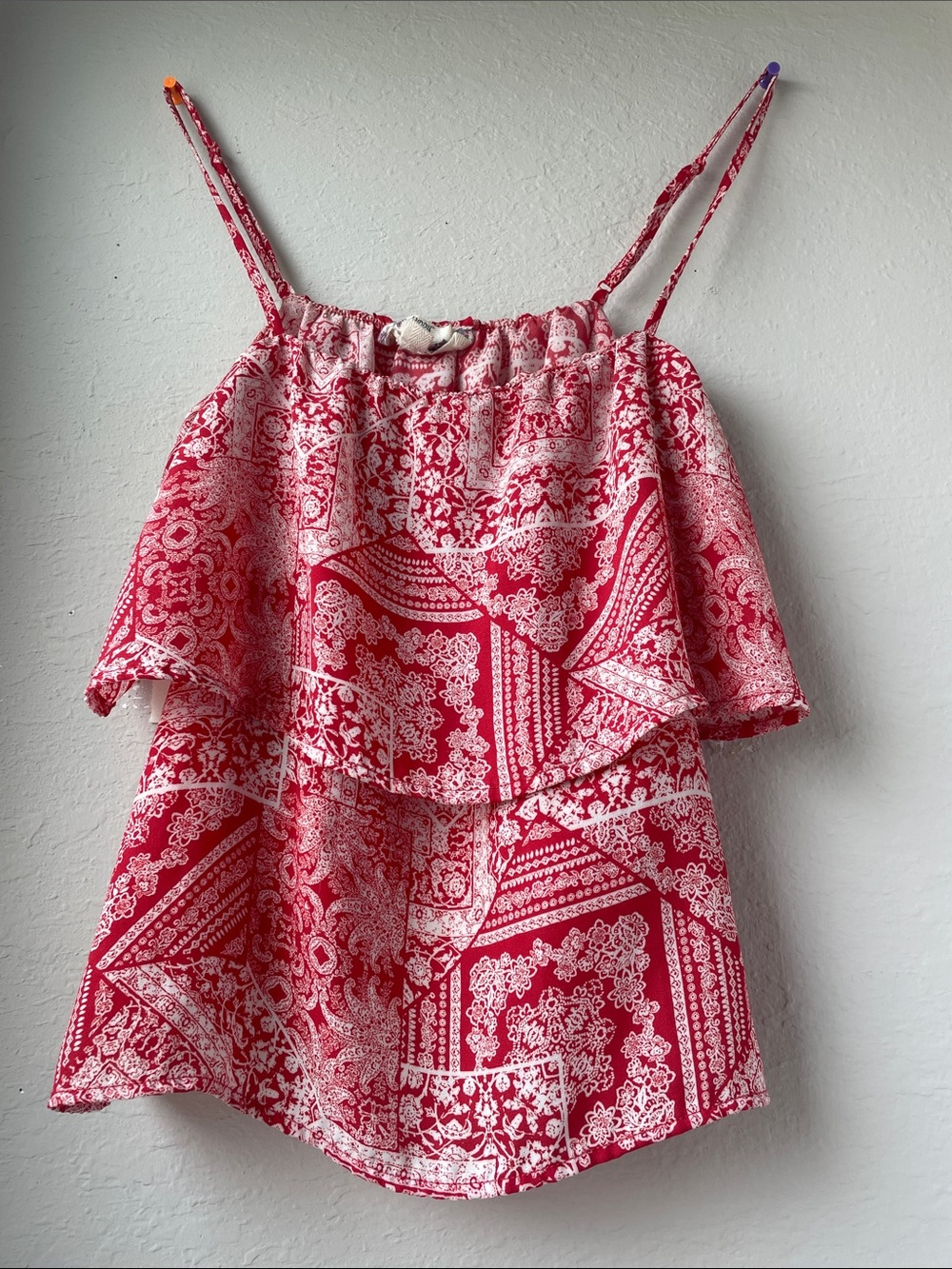Red Printed Ruffle Tank Top - Women